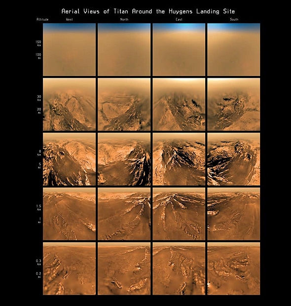 Imagens aéreas de Titã captadas pela sonda Huygens, durante a sua descida sobre aquela lua de Saturno (ESA)